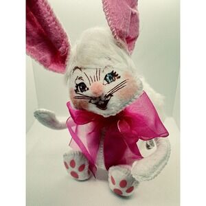 Annalee 2013 Easter Bunny White Rabbit Fluffy Cotton Tail Pink Bow Plush 7"